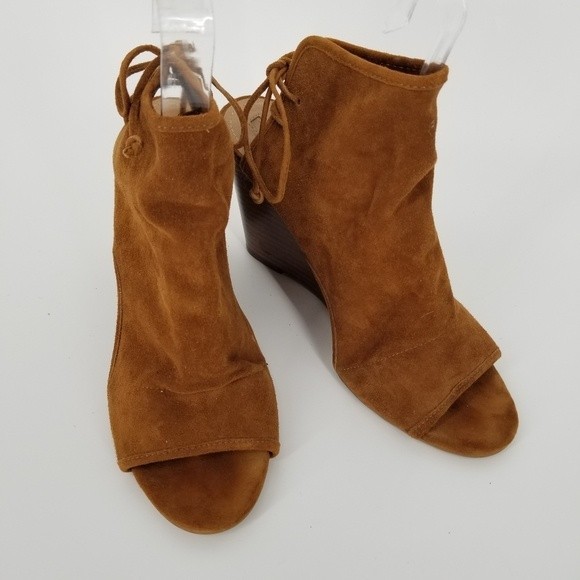 TAHARI suede open peep toe booties wedge cognac brown back tie 9 - Picture 1 of 11